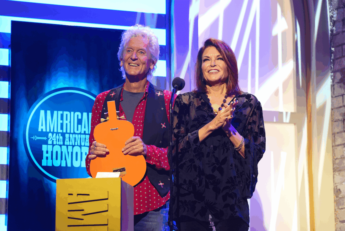 Rodney Crowell and Rosanne Cash speak onstage for the 24th Annual Americana Honors & Awards at Ryman Auditorium on Sept. 10, 2025 in Nashville, Tenn. (Photo by Erika Goldring/Getty Images for Americana Music Association)