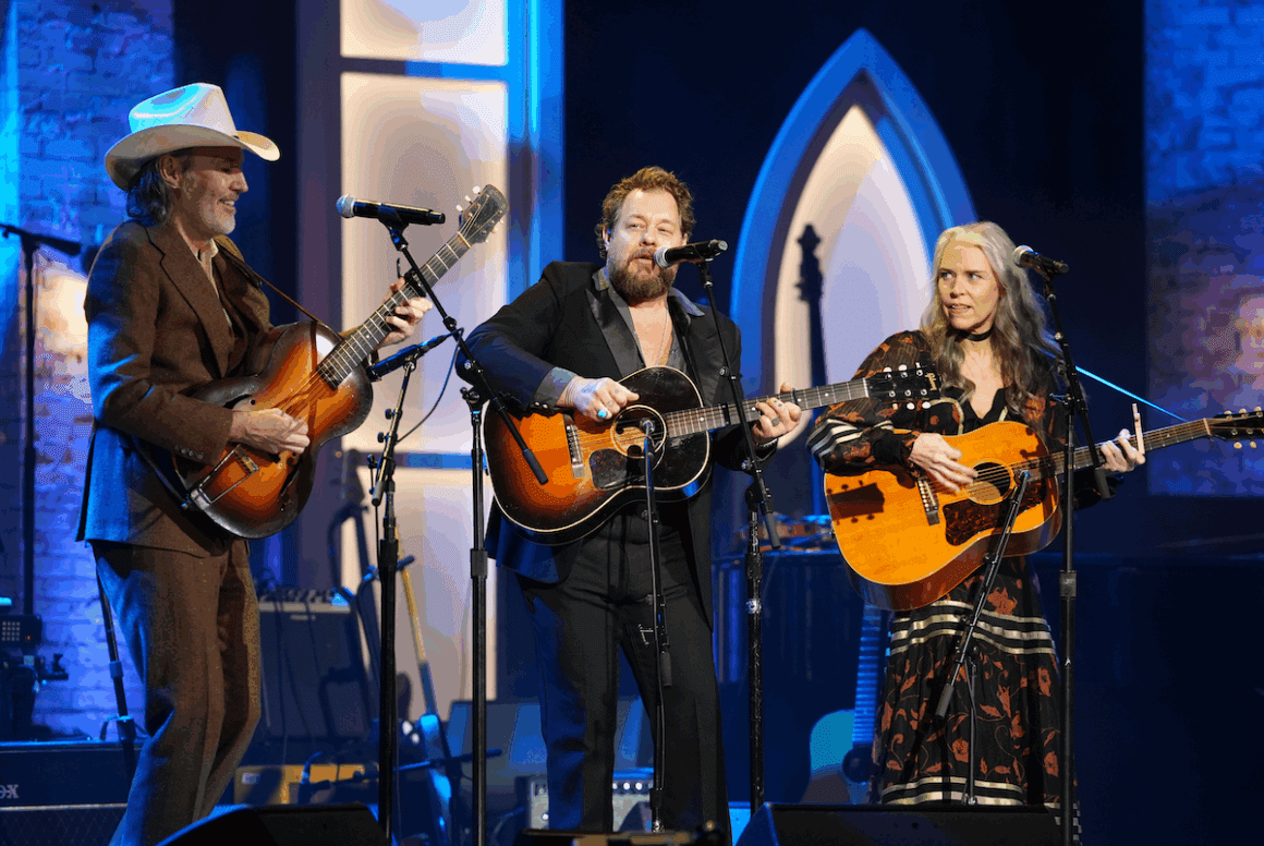 David Rawlings, Nathaniel Rateliff and Gillian Welch perform onstage for the 24th Annual Americana Honors & Awards at Ryman Auditorium on Sept. 10, 2025 in Nashville, Tenn. (Photo by Erika Goldring/Getty Images for Americana Music Association)